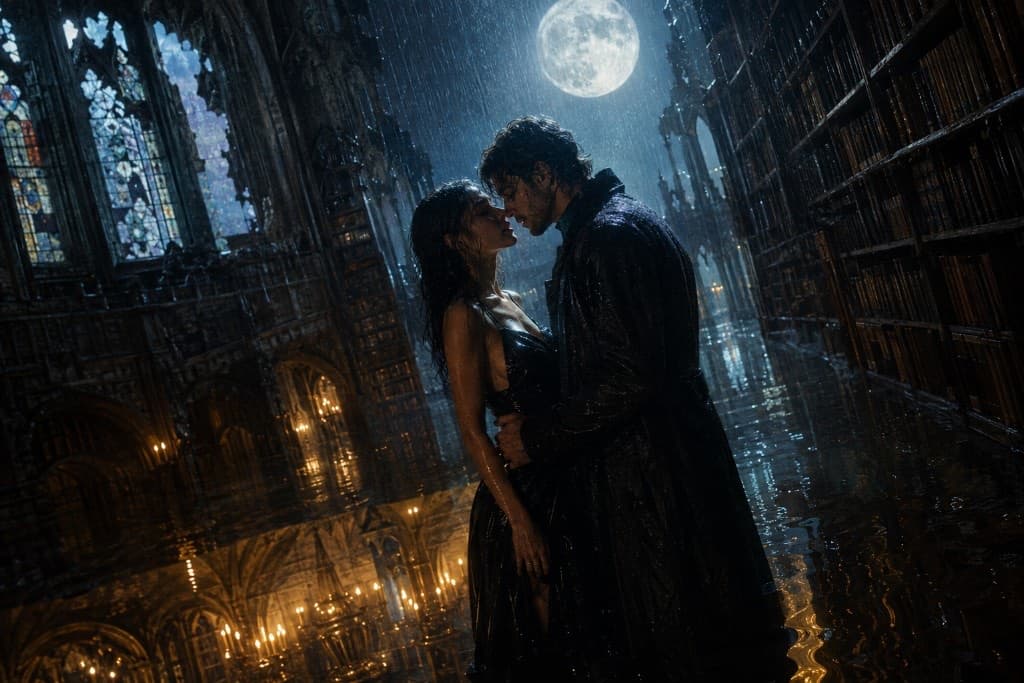 Generated picture of two lovers embracing in a flooded gothic library under a huge moon
