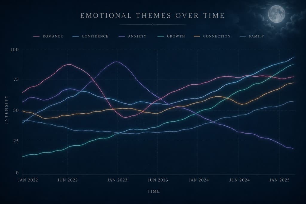 Line chart of emotional themes in dreams — romance, confidence, anxiety, growth, connection, and family — over time