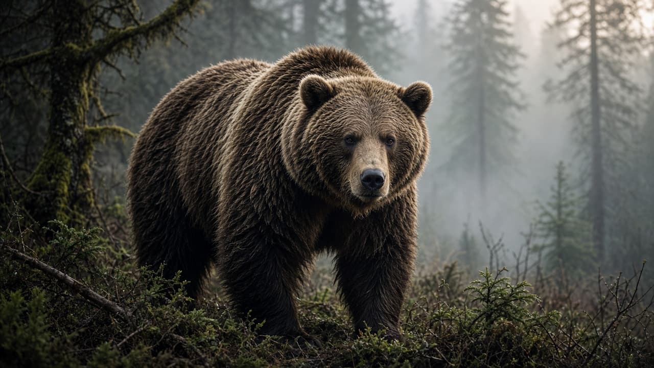 A brown bear in a misty forest in a dream