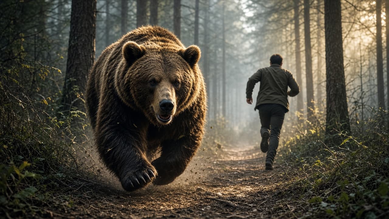 A brown bear chasing a person through a forest in a dream