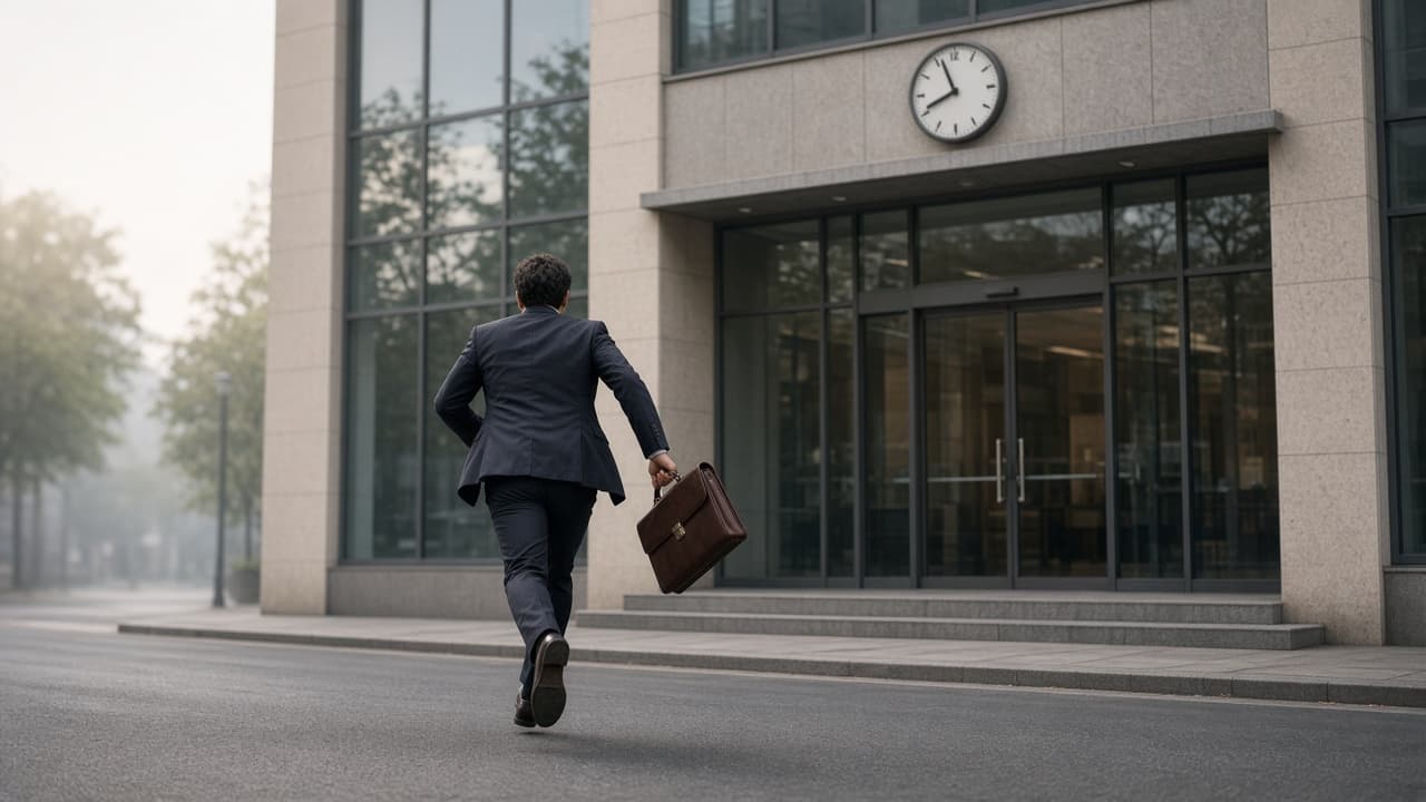 A commuter running toward an office building in a dream