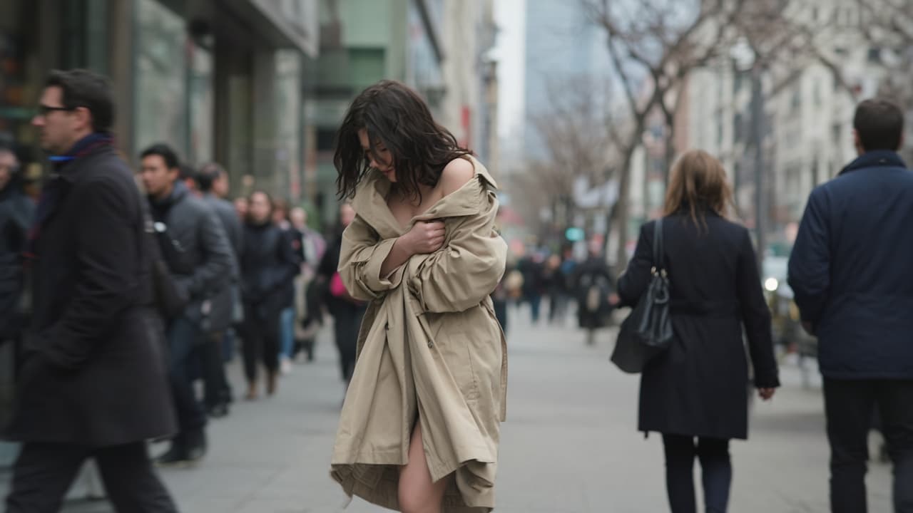A self-conscious person covering up on a busy city sidewalk