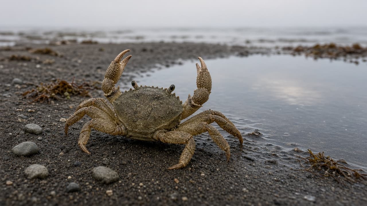 A crab on wet sand beside a tide pool in a dream