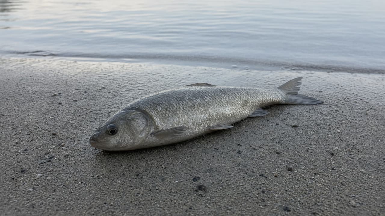 A dead fish on wet sand at the water's edge in a dream