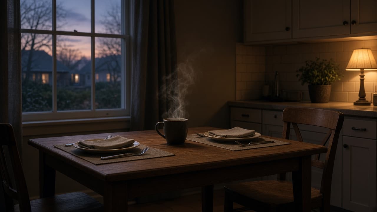 An empty kitchen table set for a visit in a dream