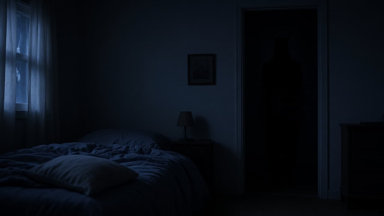 A dark figure in a bedroom doorway in a dream