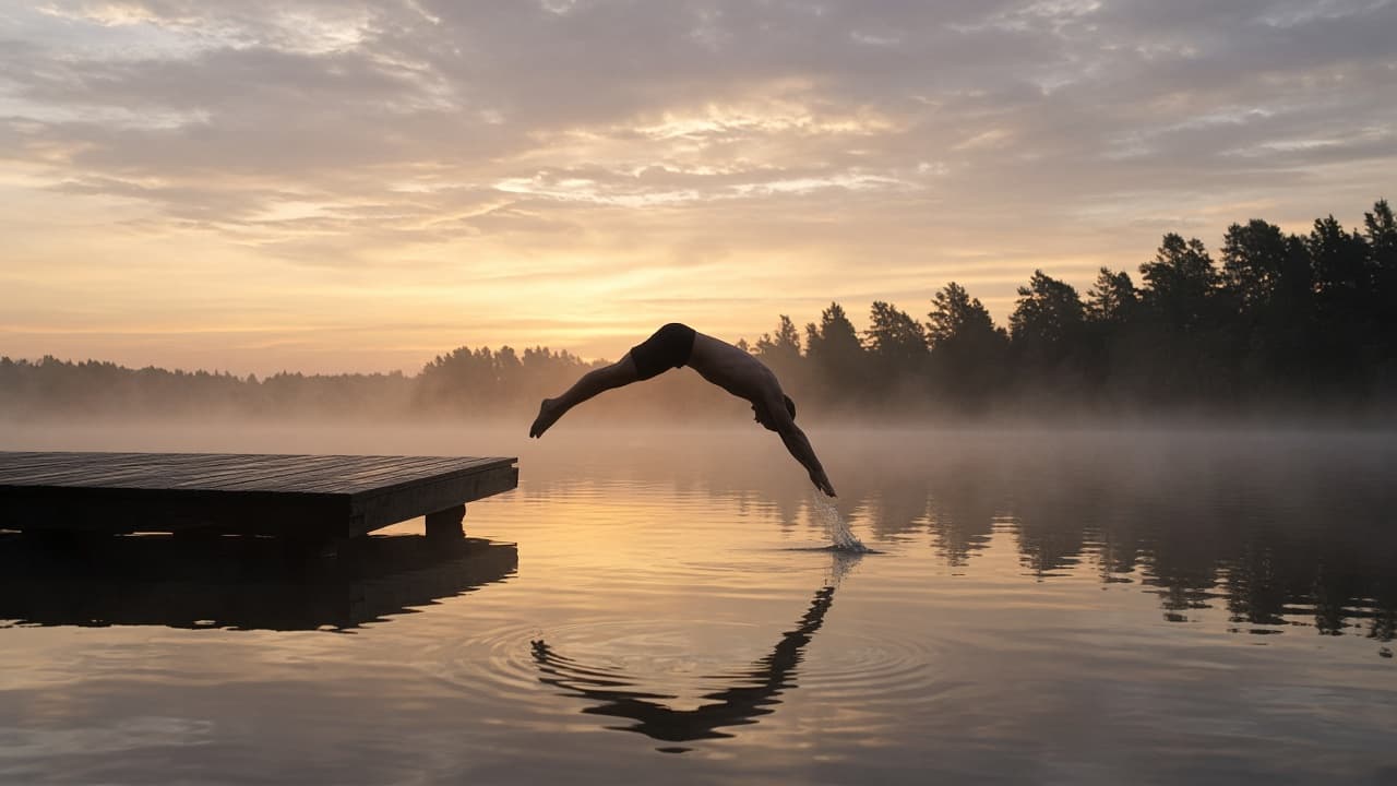 A person diving into still water from a dock