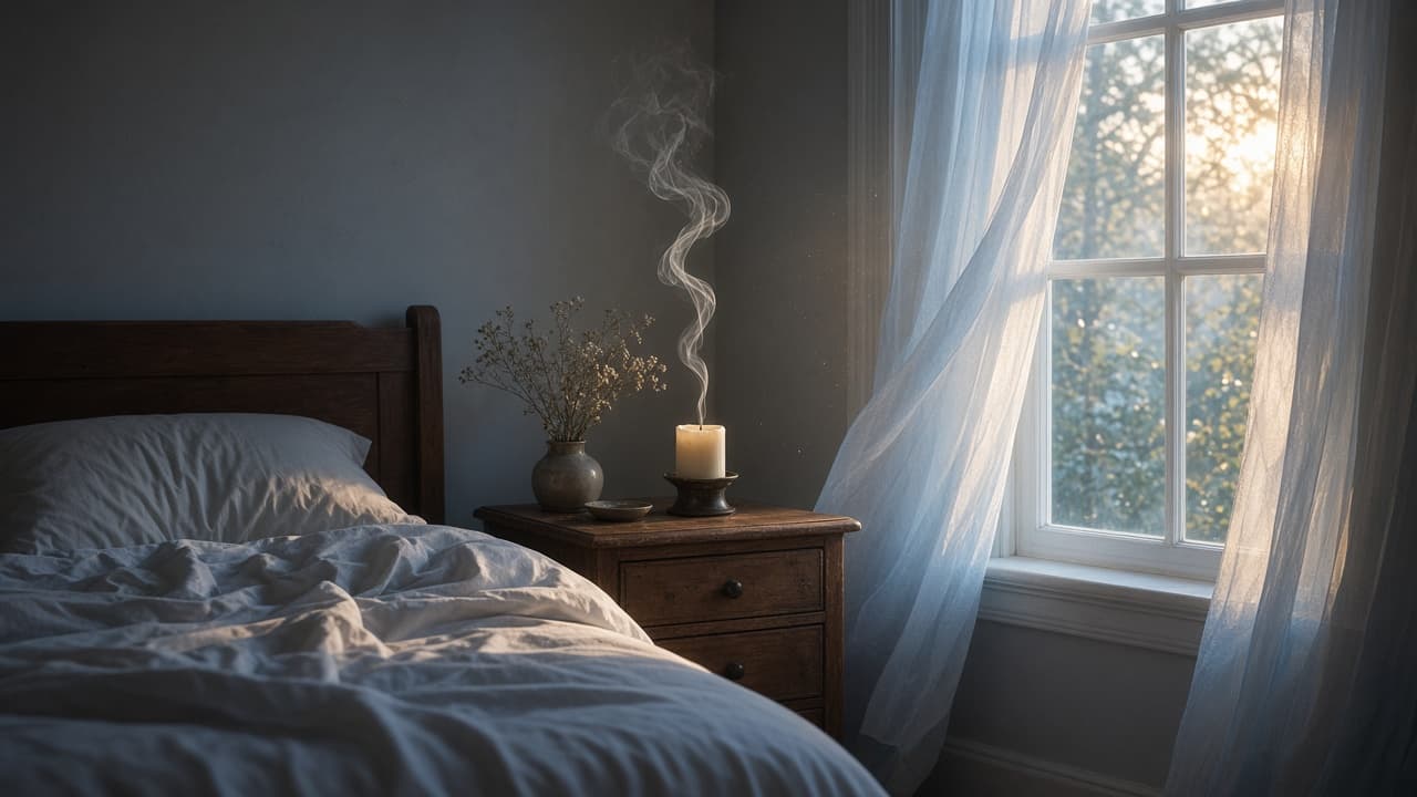 Empty bed at dawn with a just-extinguished candle, as in a dream about dying