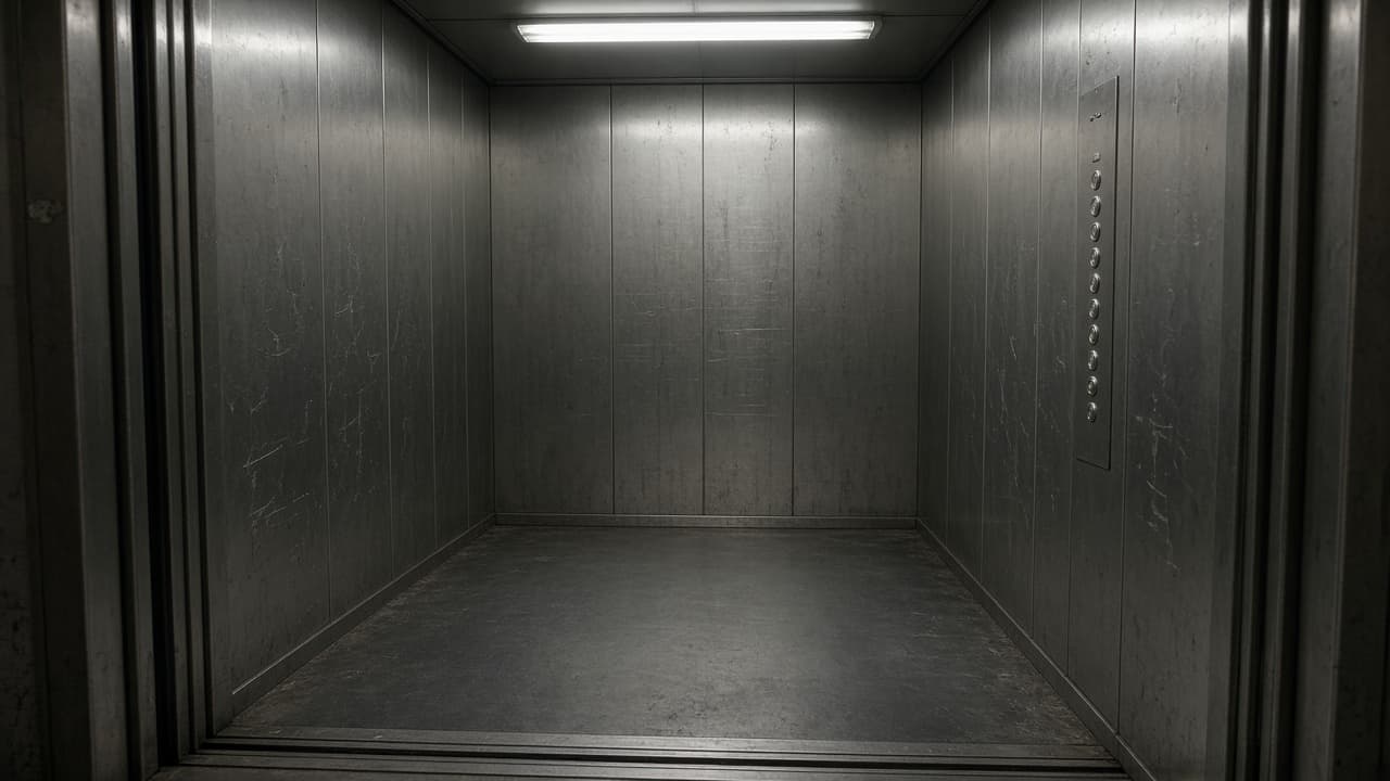 Elevator doors at the end of a corridor in a dream
