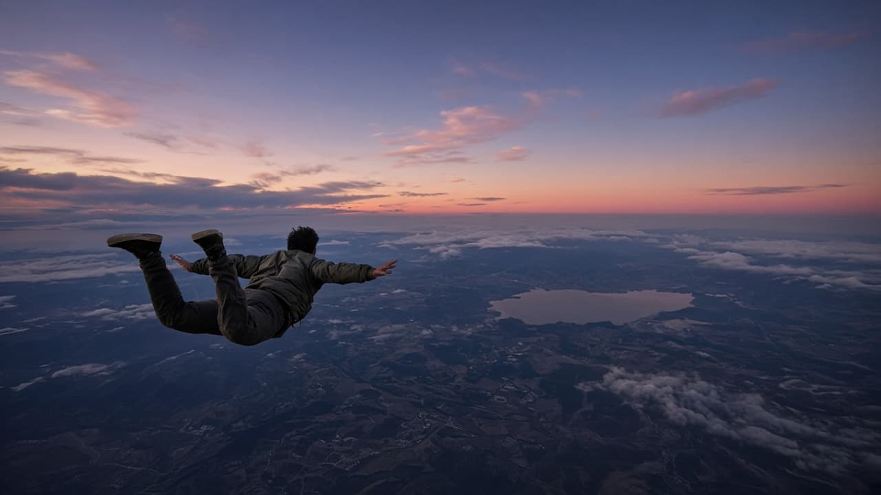 A person falling through a twilight sky in a dream