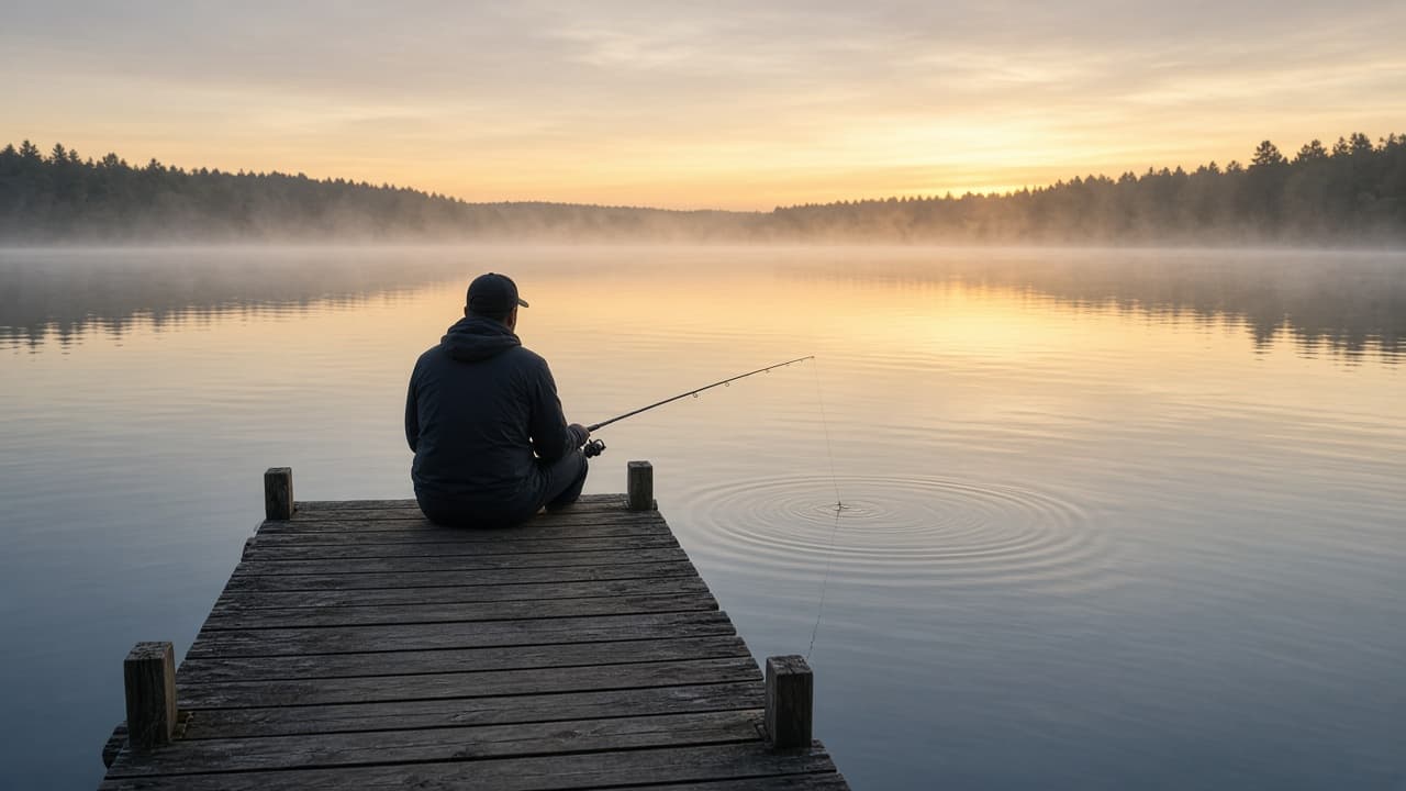 A person fishing from a dock at dawn in a dream