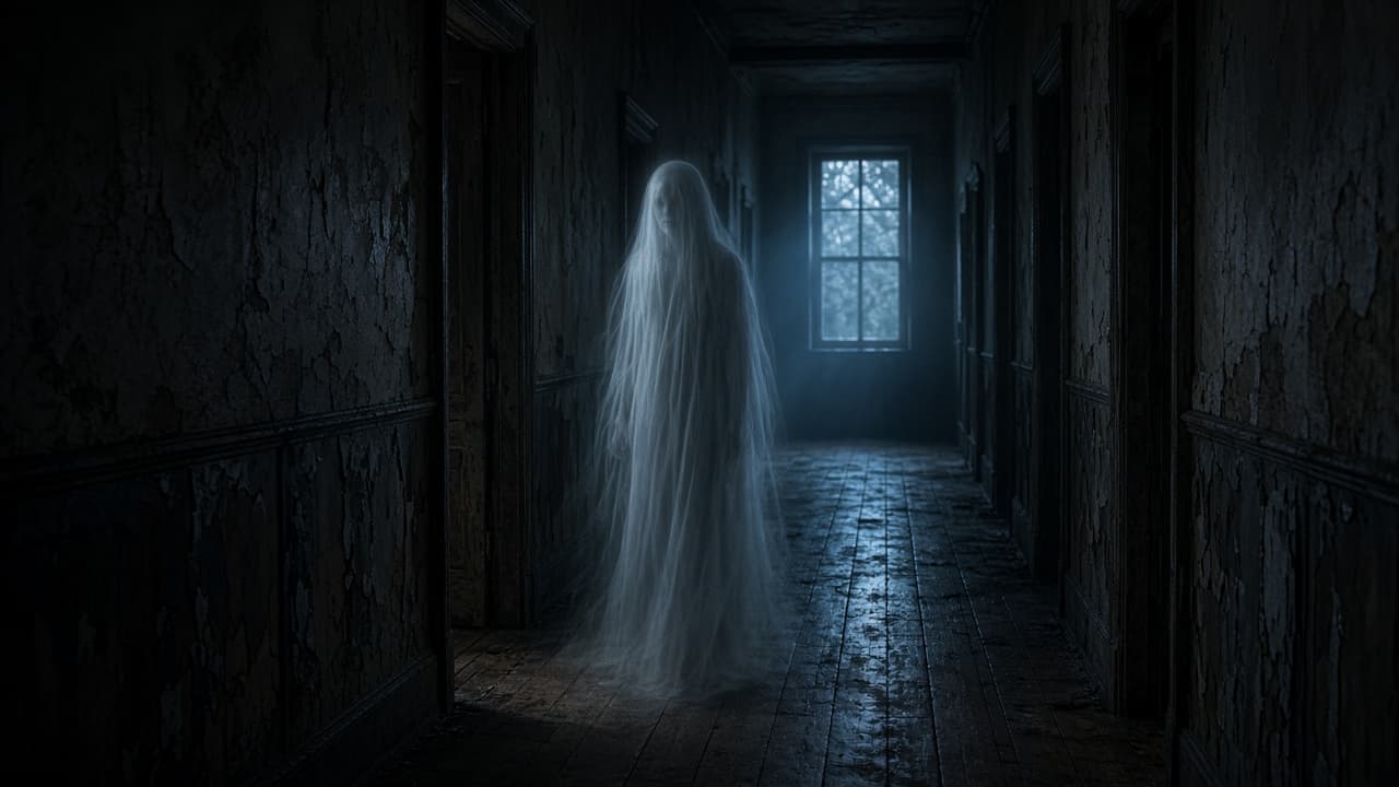 A ghostly figure in a dim hallway in a dream