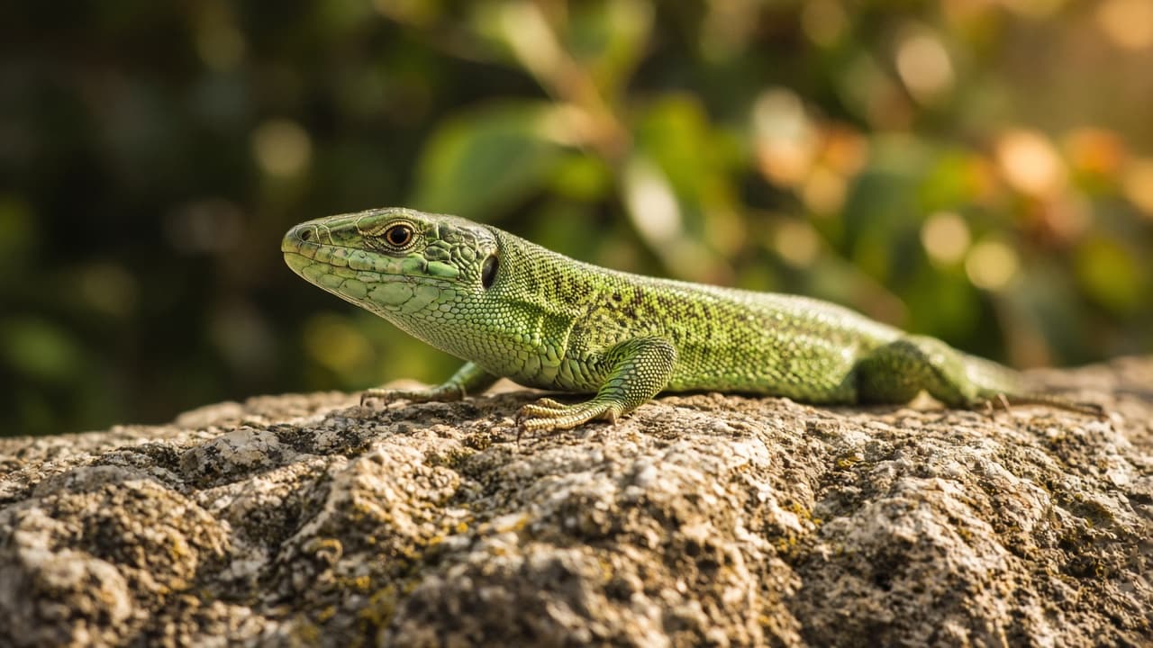 A green lizard on a stone wall in a dream