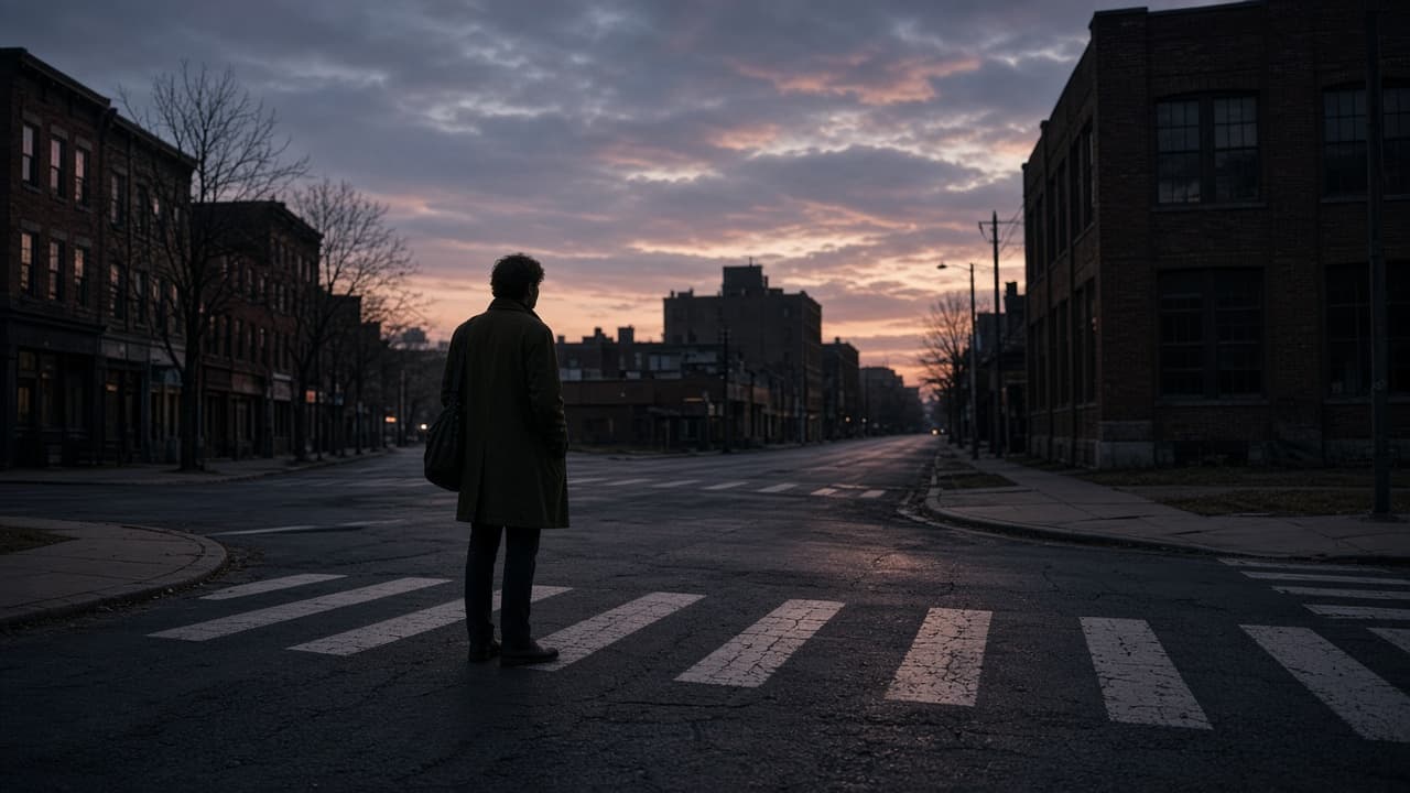 A person standing at an empty intersection in a dream