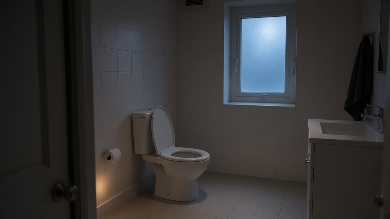 An empty bathroom hallway suggesting urgency in a dream