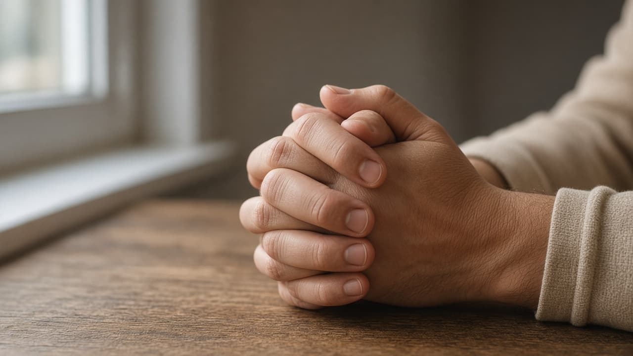 Hands held in prayer in quiet light in a dream