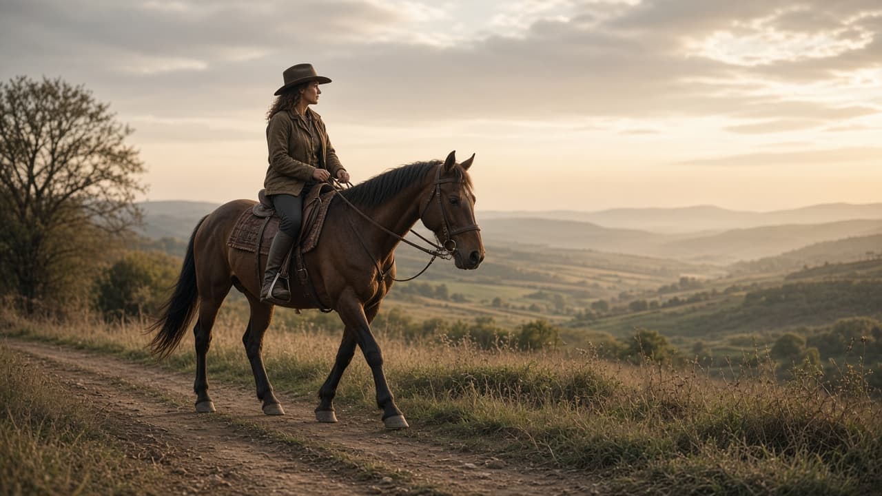 A person riding a horse along a country path in a dream