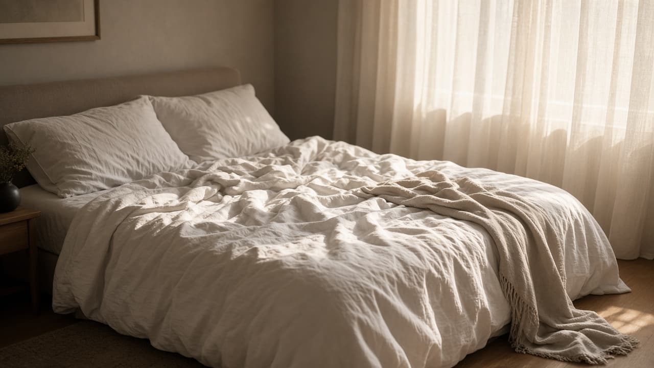 An empty unmade bed in morning light, as in a sex dream