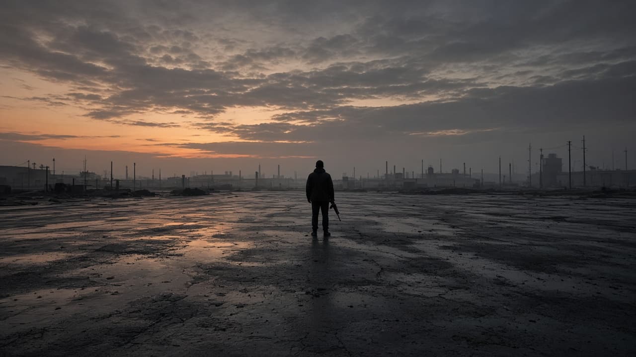 A figure holding a lowered rifle at dusk in a dream