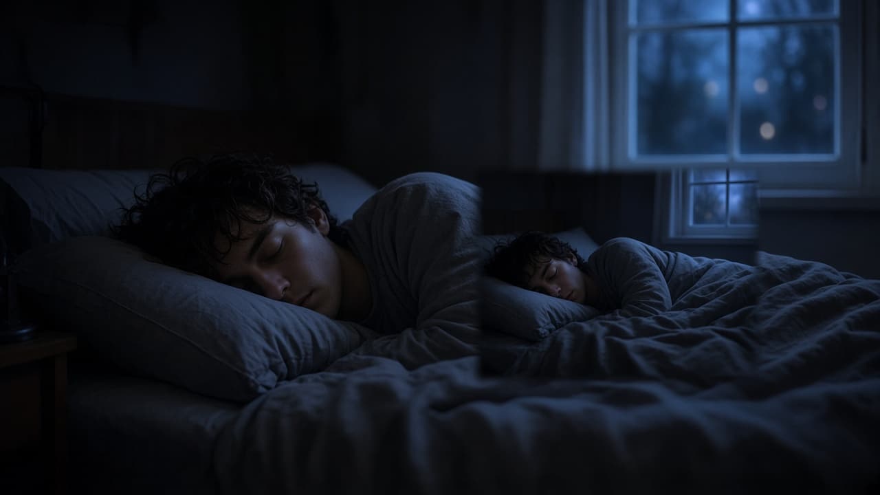 A person asleep in bed in nested dream light