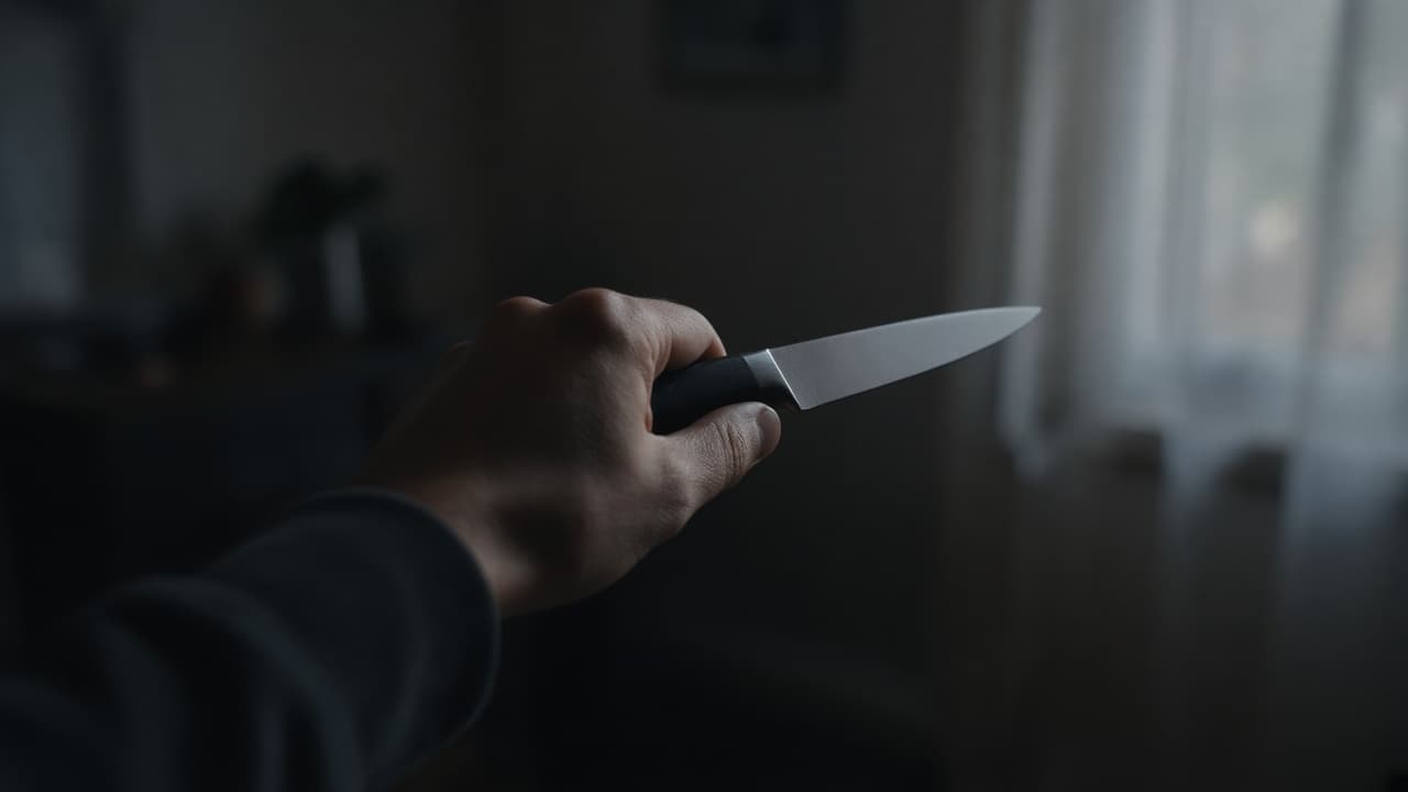 A hand holding a knife in dim light in a dream