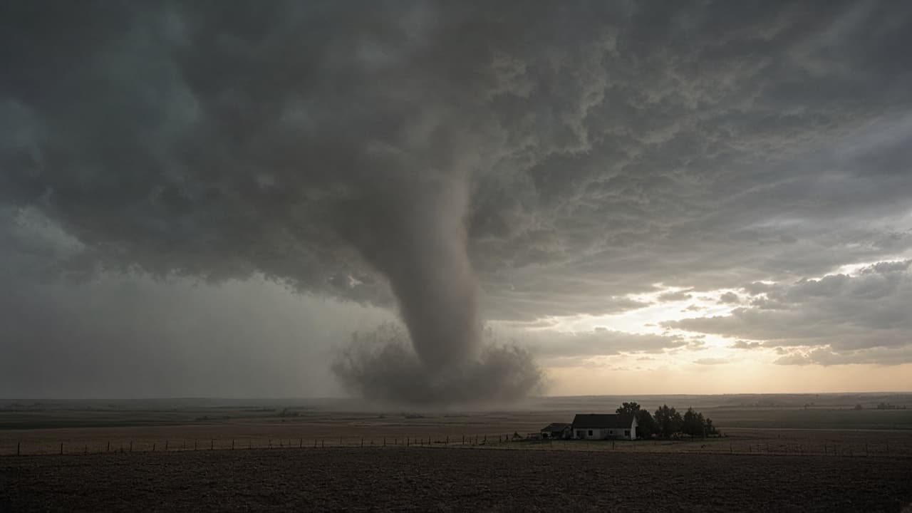 A tornado over farmland in a dream