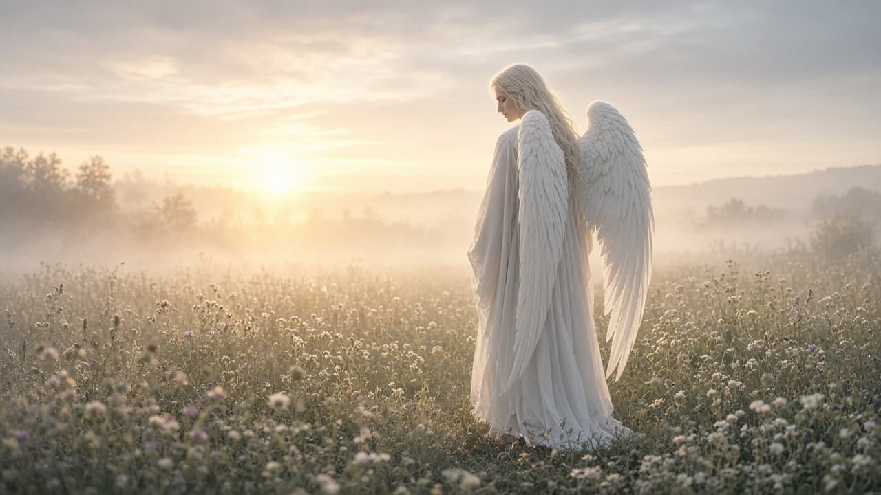 A winged figure standing in a misty meadow in a dream