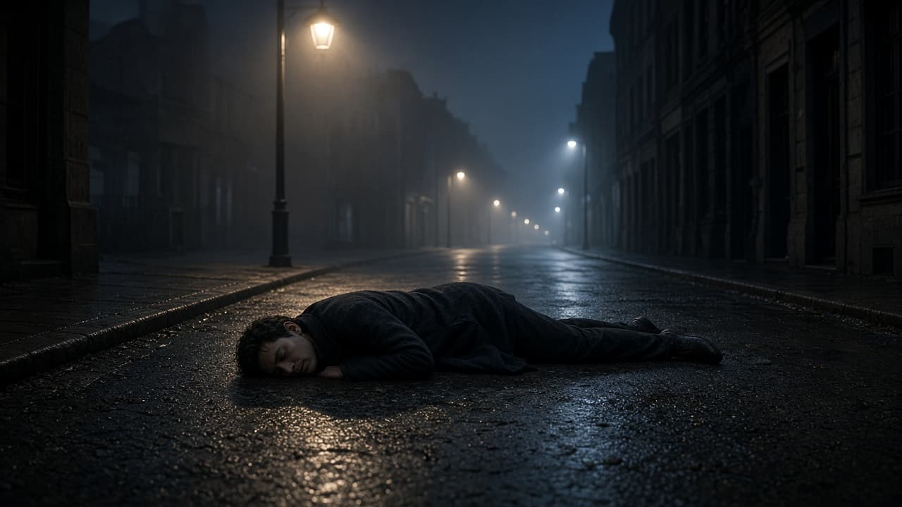 A figure lying still under a streetlamp in a dream