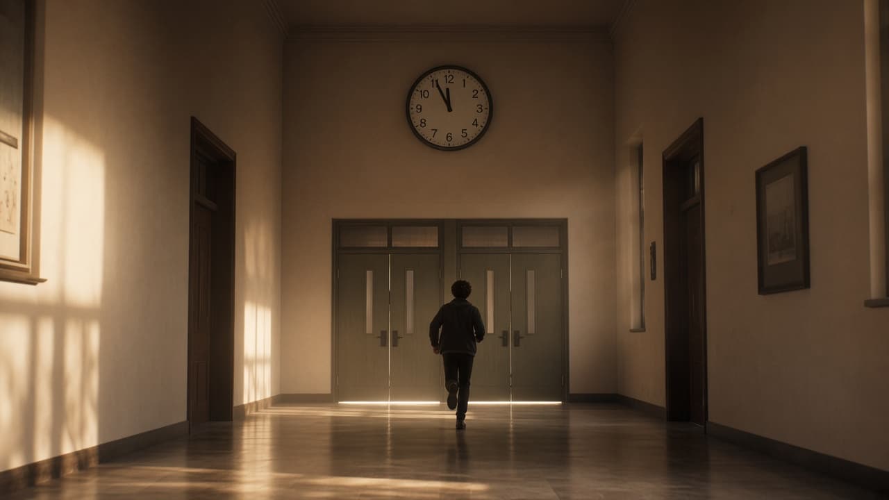 A corridor clock above closed doors in a dream