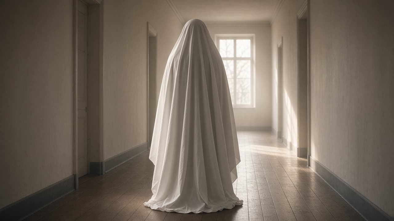 A person covering themselves with a sheet in a hallway