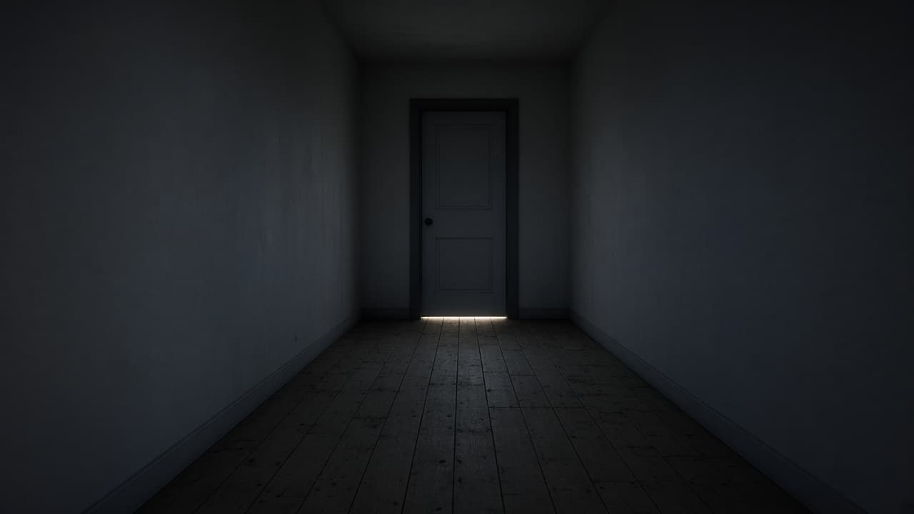 A dim empty hallway with a closed door in a dream