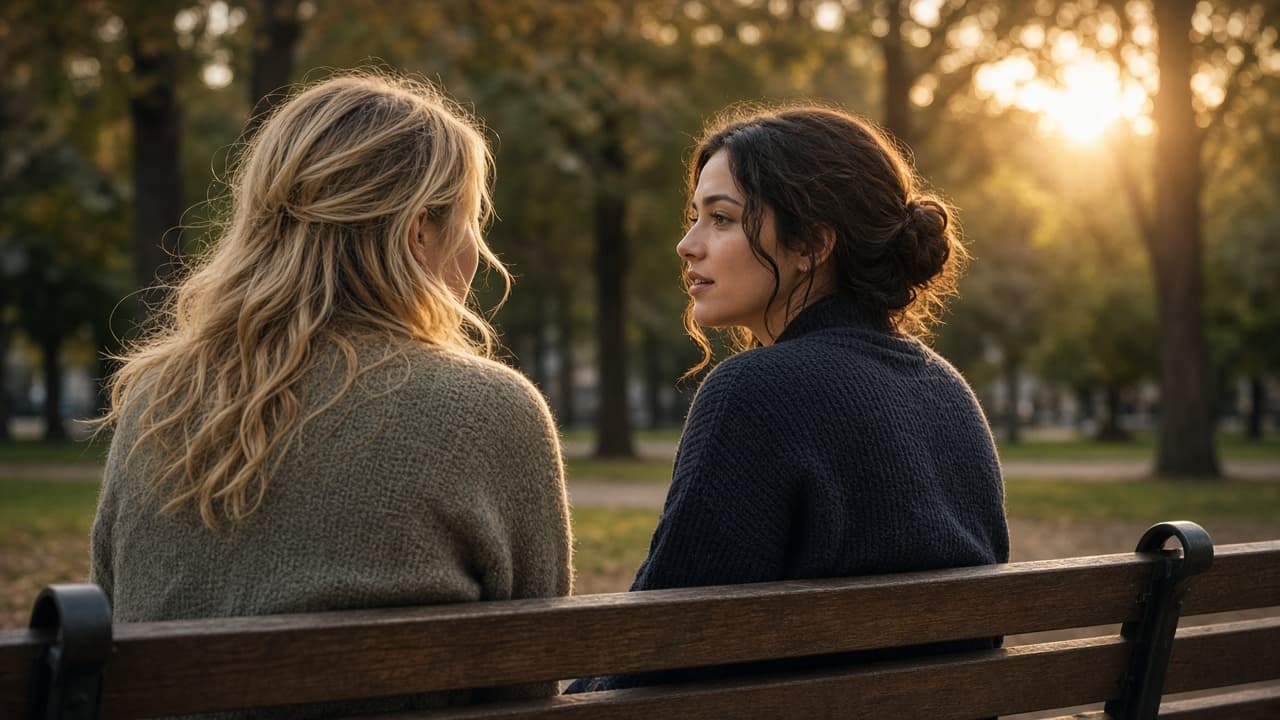 Two friends talking on a bench in a dream