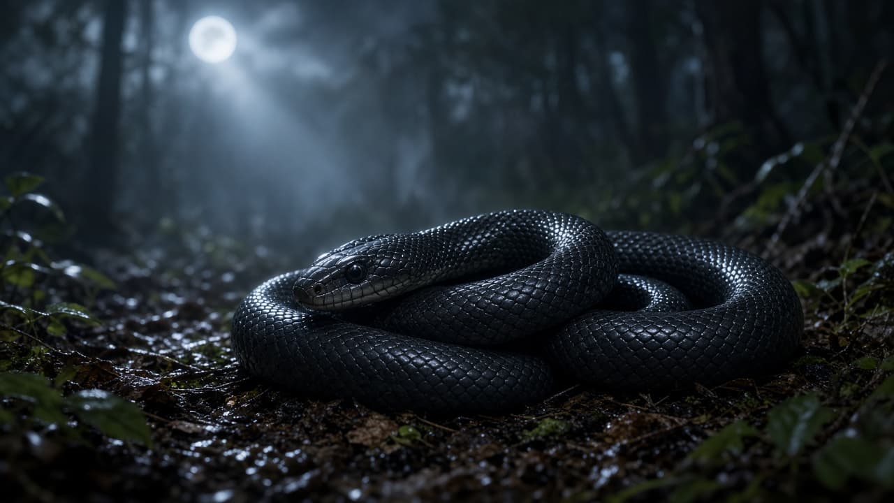 A black snake coiled on a moonlit forest floor