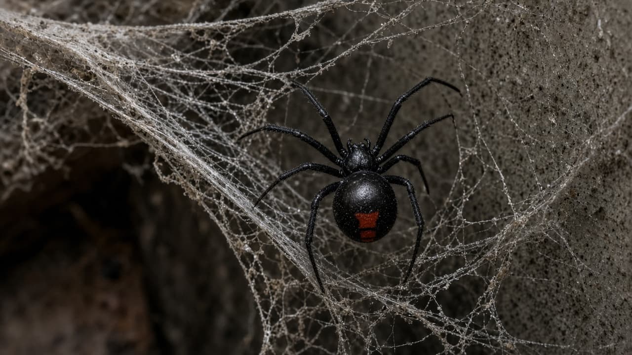 A black widow spider with a red hourglass in a dream