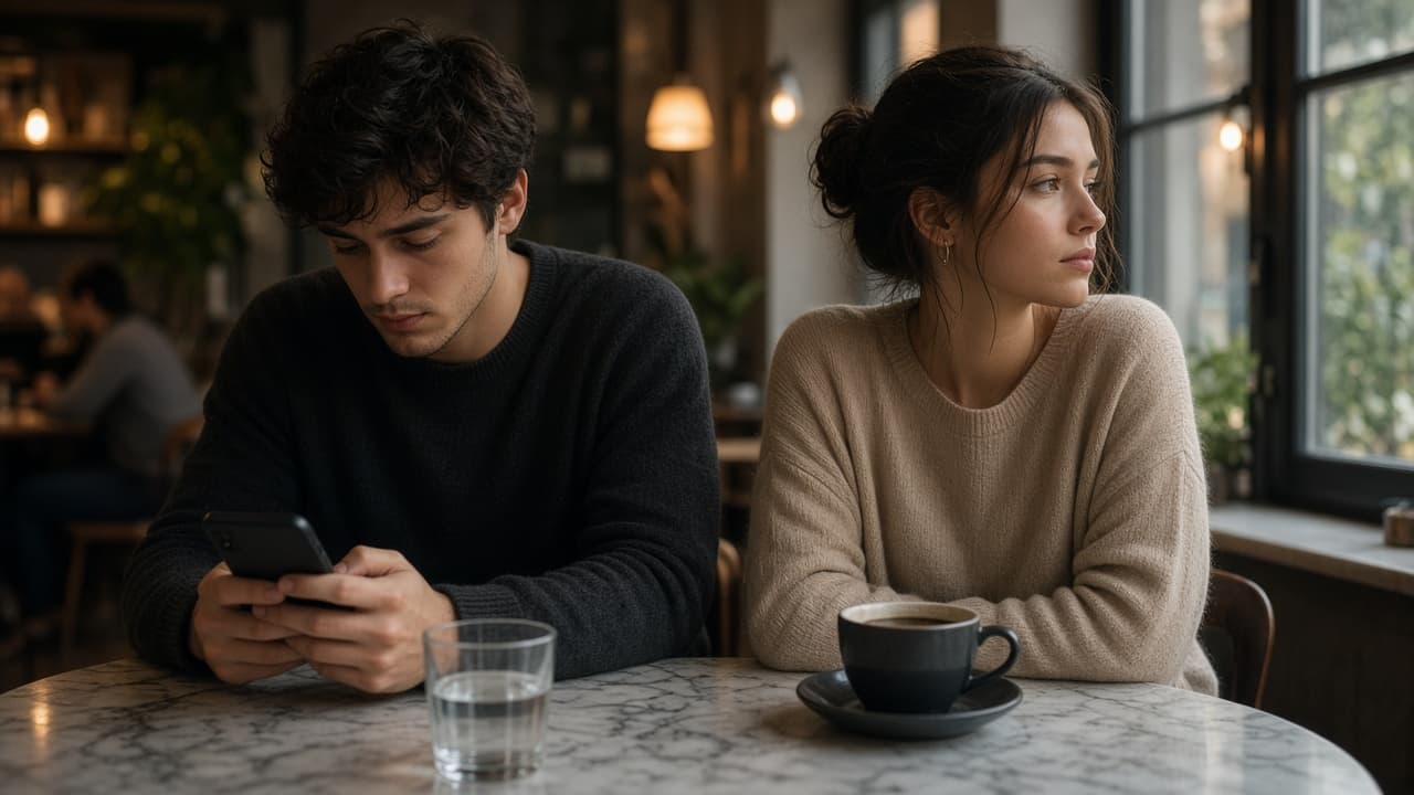 A couple at a cafe table with emotional distance in a dream
