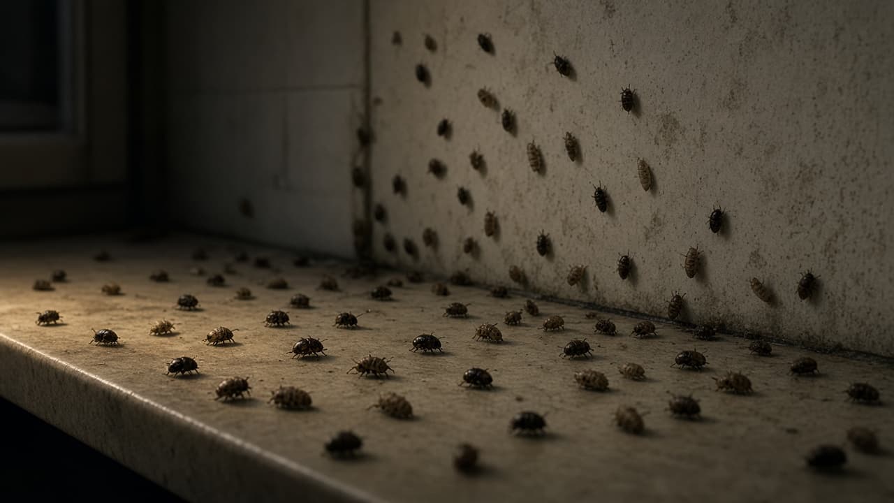 Mixed bugs crawling on a kitchen counter at dusk