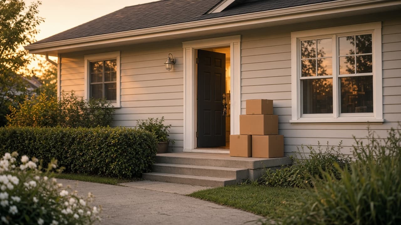 A house with keys in the front door and moving boxes on the step, as in a dream
