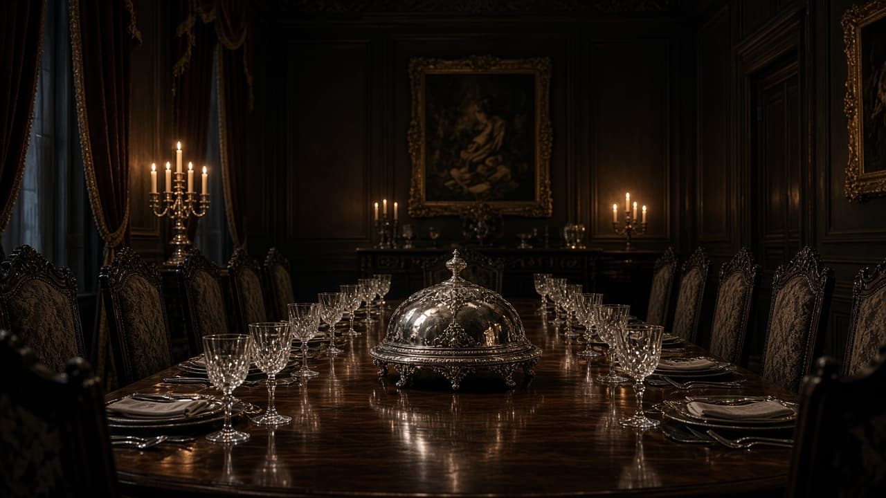A tense banquet table in a cannibalism dream