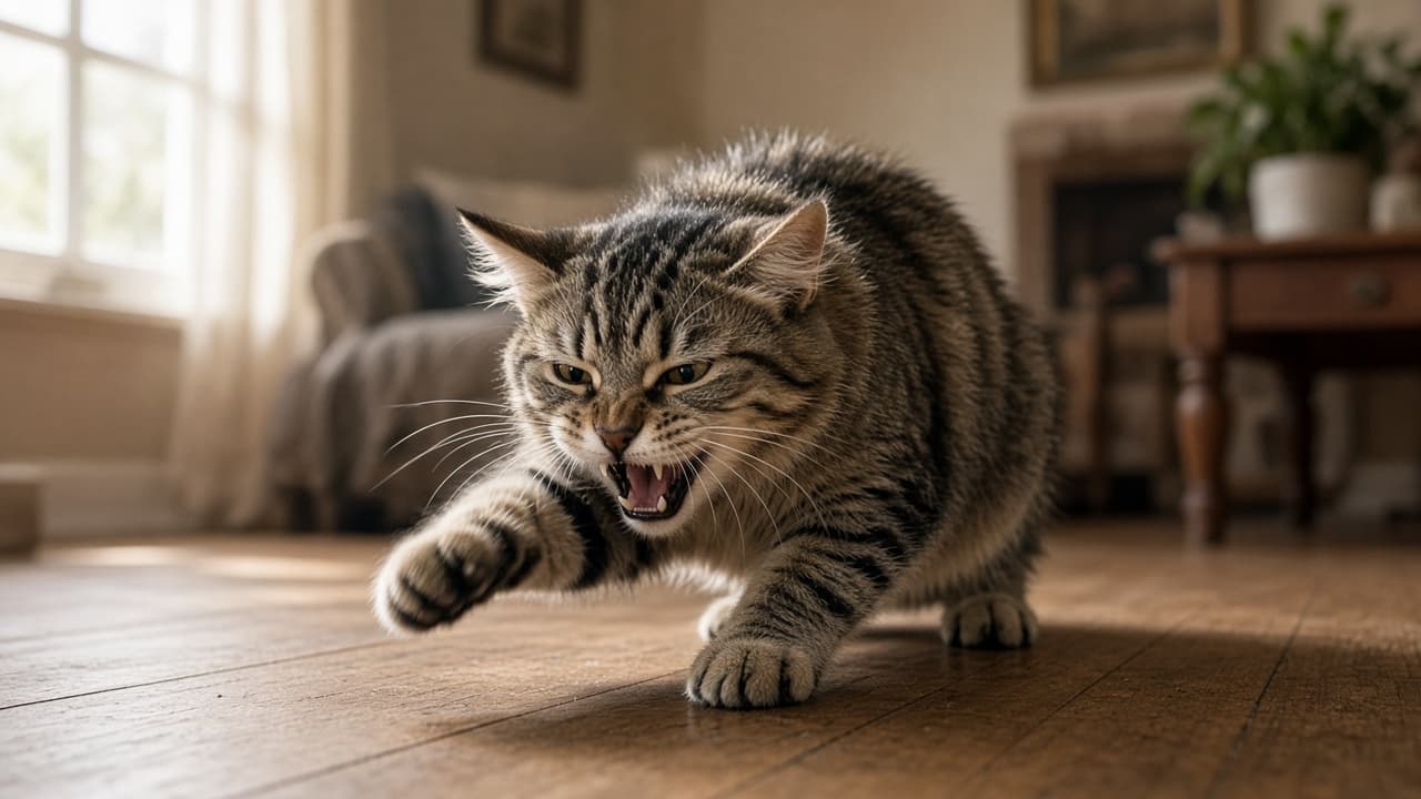 A bristling cat mid-swipe in a dream