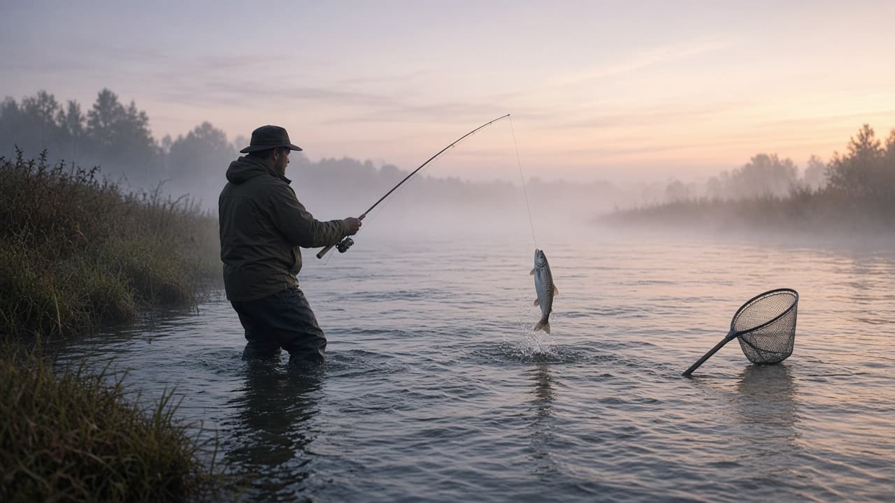 A person catching a fish from a river at dawn in a dream