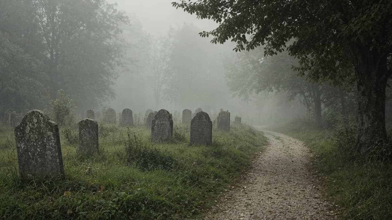 A misty cemetery path in a dream