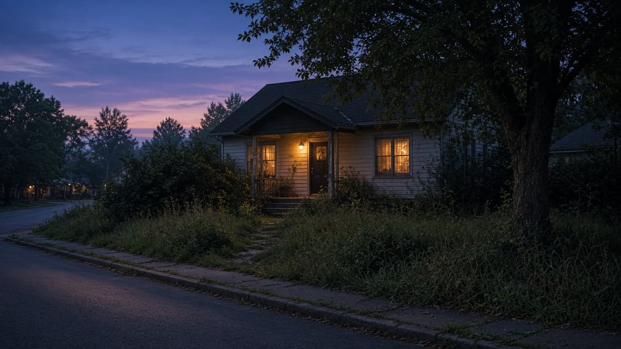 A childhood house at twilight in a dream
