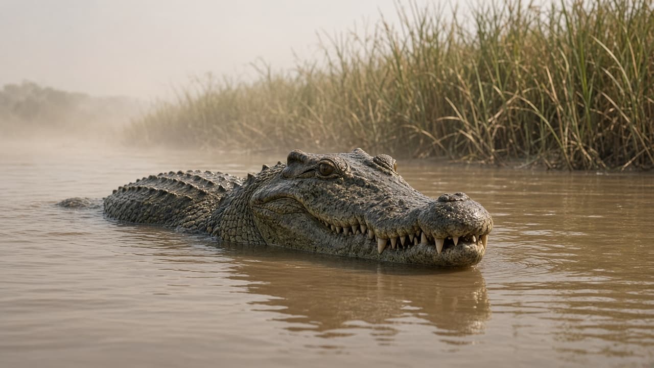 A crocodile half-submerged in a muddy river among reeds