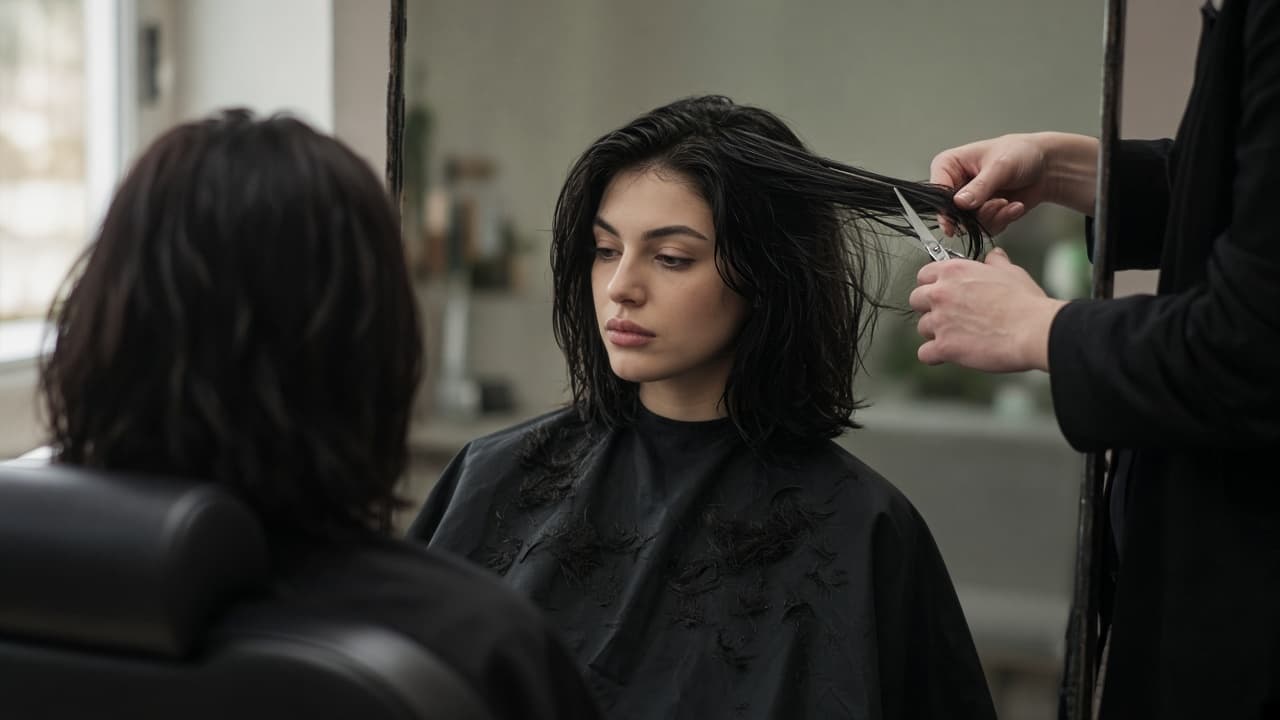 Hair being cut with scissors in a salon mirror in a dream