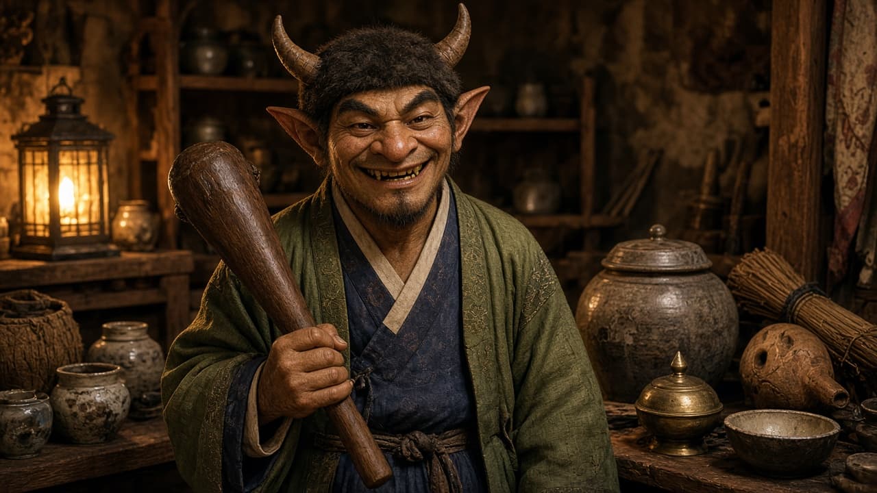 A dokkaebi goblin with a wooden club in a dream