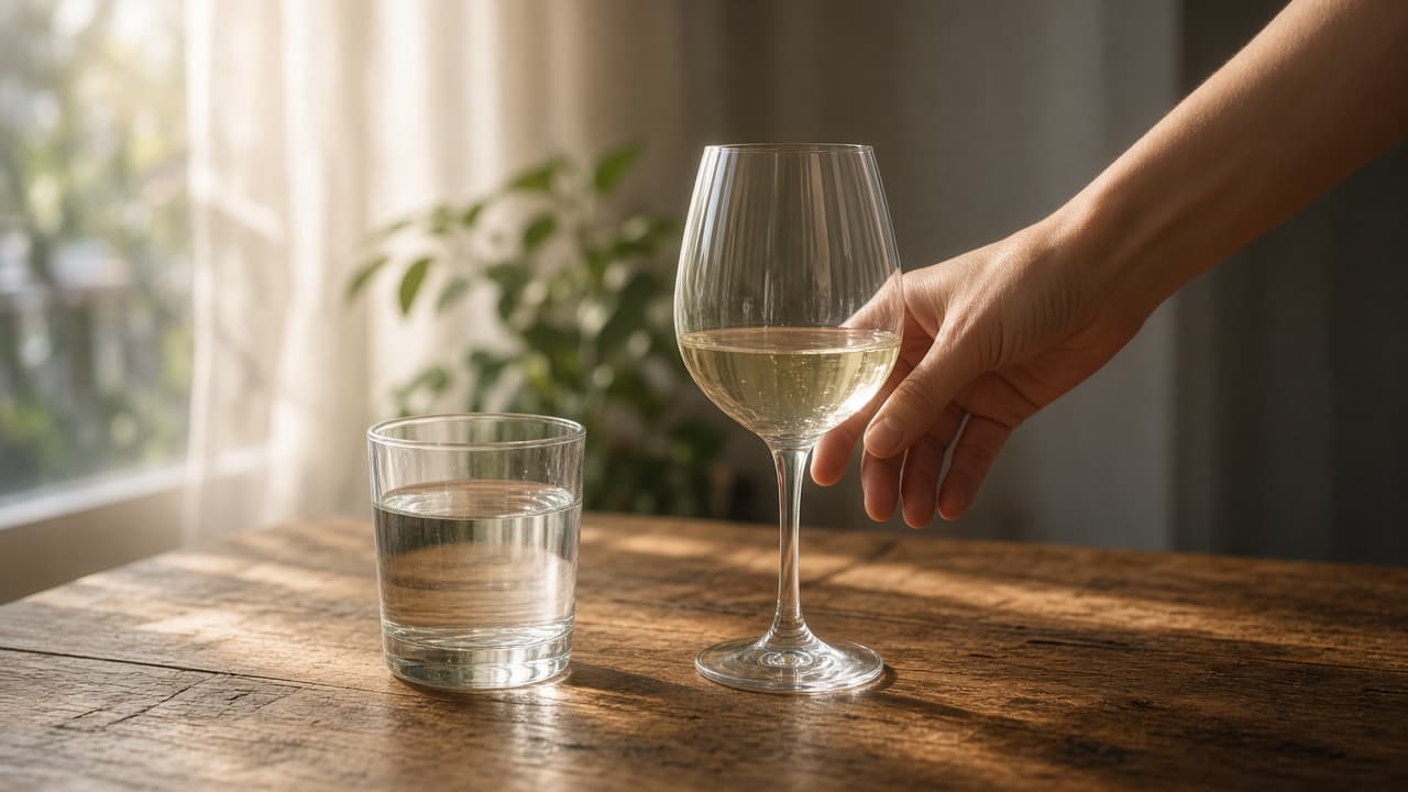 A hand lifting a glass of water in window light