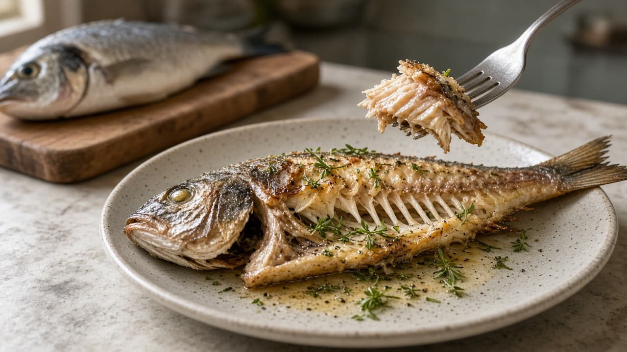 Cooked fish on a plate with bones visible in a dream