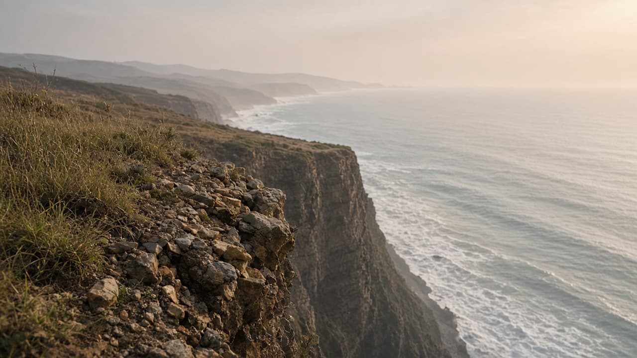 The crumbling edge of a high sea cliff in a dream