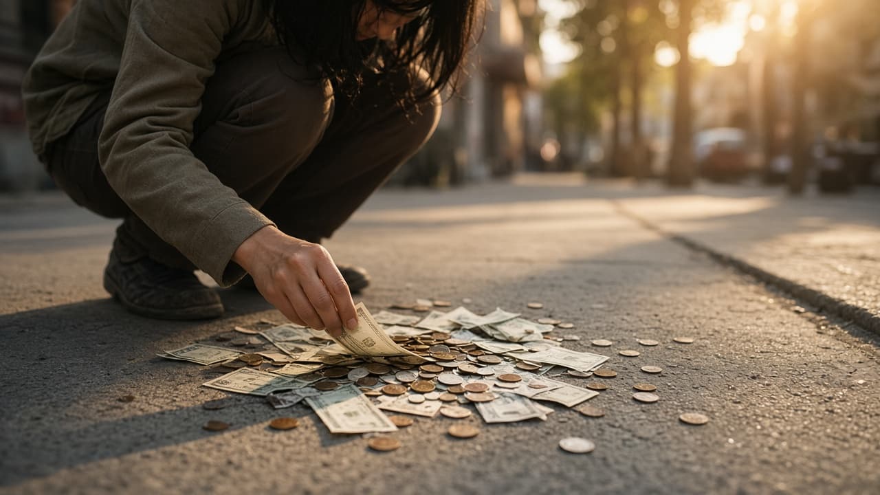 Scattered bills and coins on a sidewalk in afternoon sun