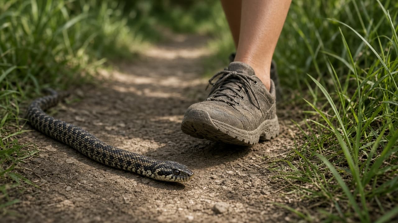 A snake near a walking boot on a dirt path in a dream